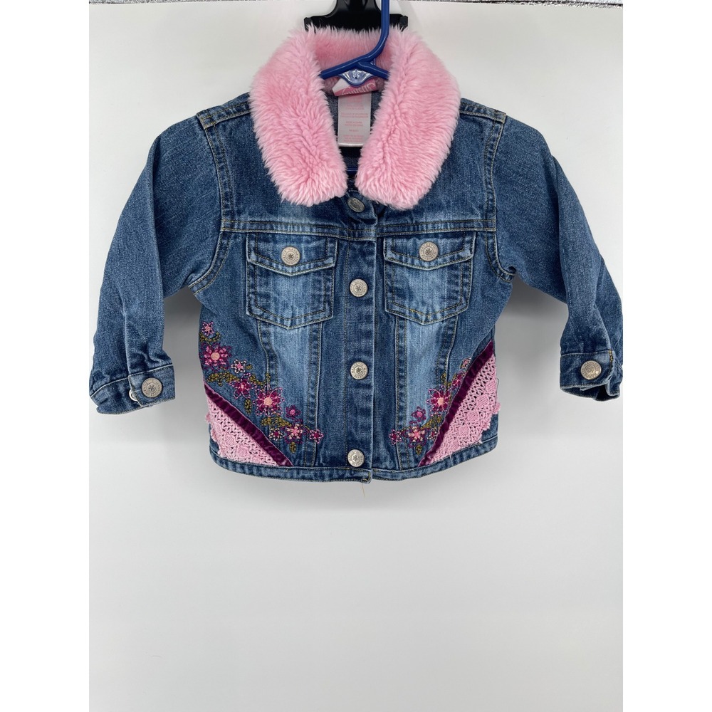 Nannette Denim Jacket Kids 18M Blue Pink Excellent Faux Fur Floral Lace Trim
